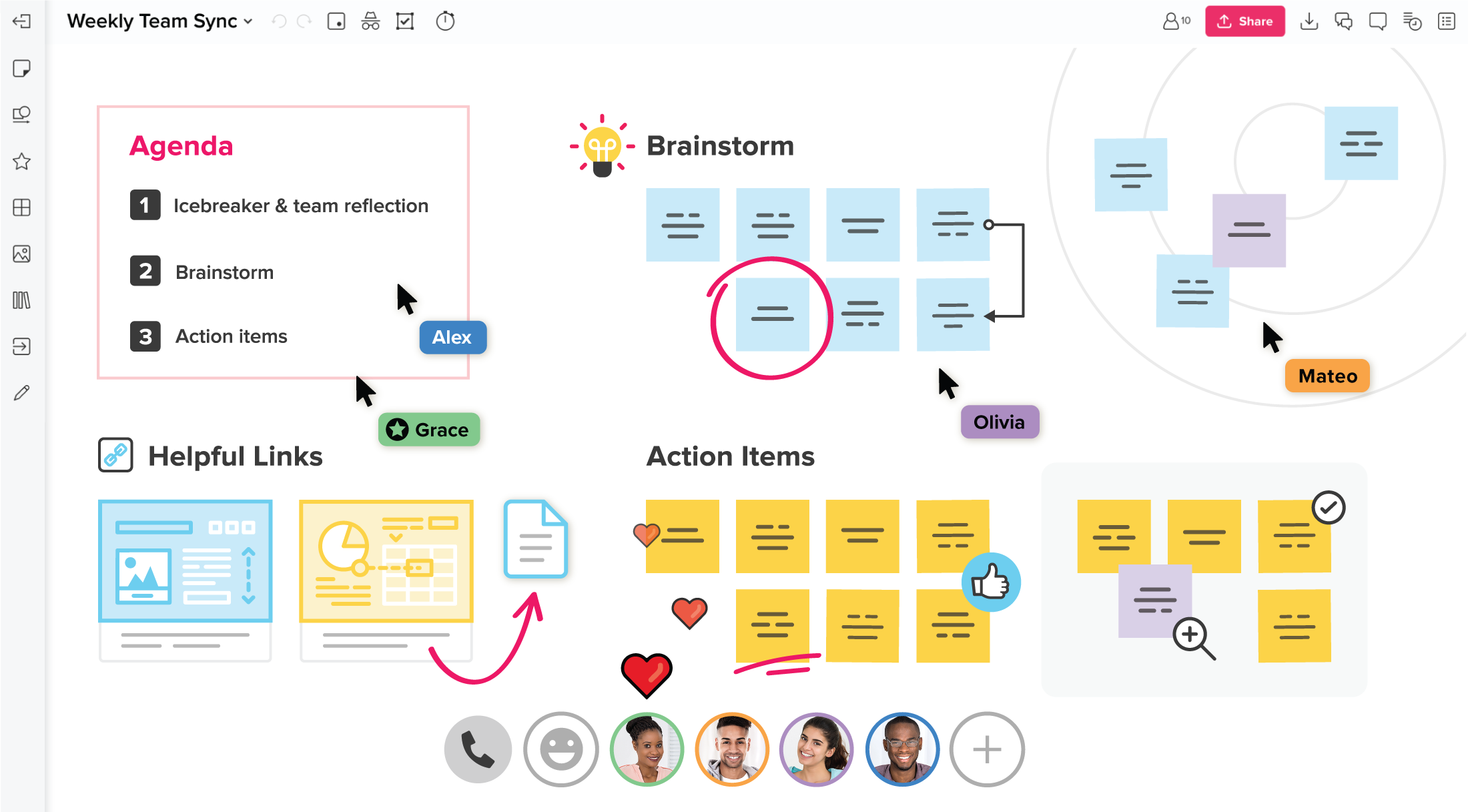 The Mural digital whiteboard interface with an agenda, sticky notes, and reactions