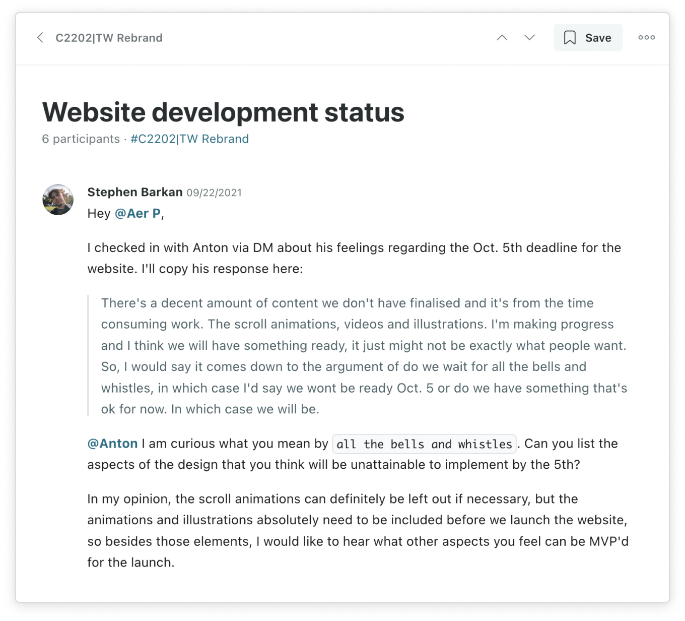 A Twist thread titled "Website development status" inside the "TW Rebrand" channel. Stephen Barkan starts discussion about the status of the project and what can be finished in the given amount of time.