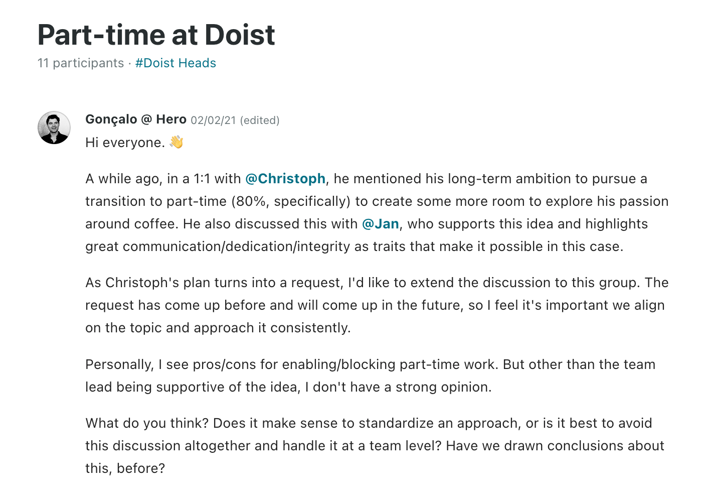 A Twist thread title "Part-time at Doist" in the #Doist Heads channel. Gonçalo opens up a discussion about whether the company should permit part-time work based on a request by Christoph.