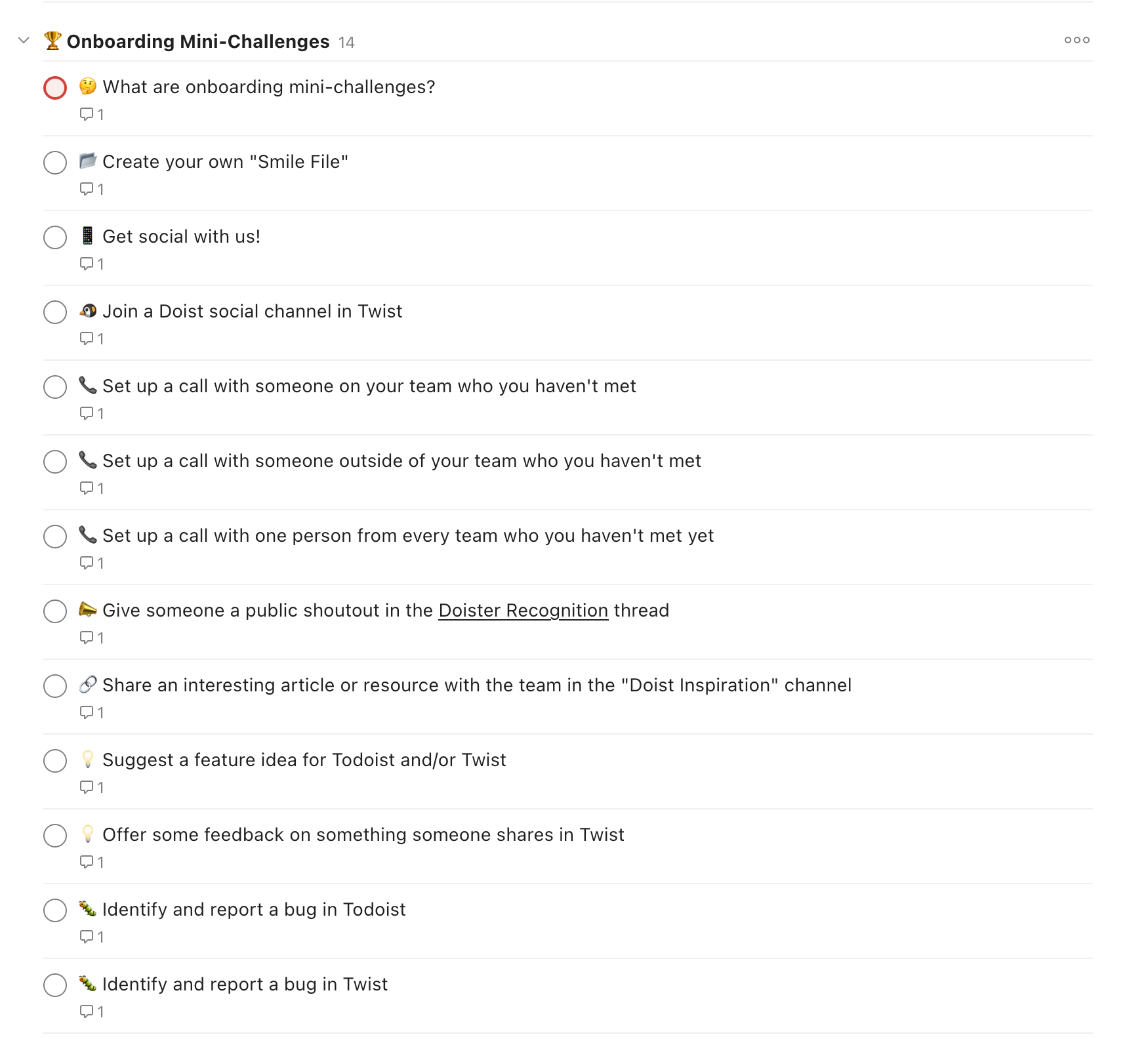 Todoist onboarding project template with a section titled "Onboarding Mini-Challenges". Tasks include "Suggest a feature idea for Todoist and/or Twist" and "Offer some feedback on something someone shares in Twist"