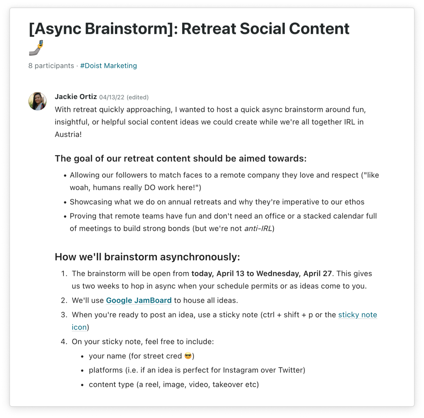 Twist thread in the #Doist Marketing channel including 8 participants titled "[Async Brainstorm] Retreat Social Content"