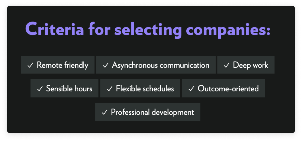 Section of the People-First Jobs website listing their criteria for selecting companies: remote friendly, asynchronous communication, deep work, sensible hours, flexible schedules, outcome-oriented, professional development