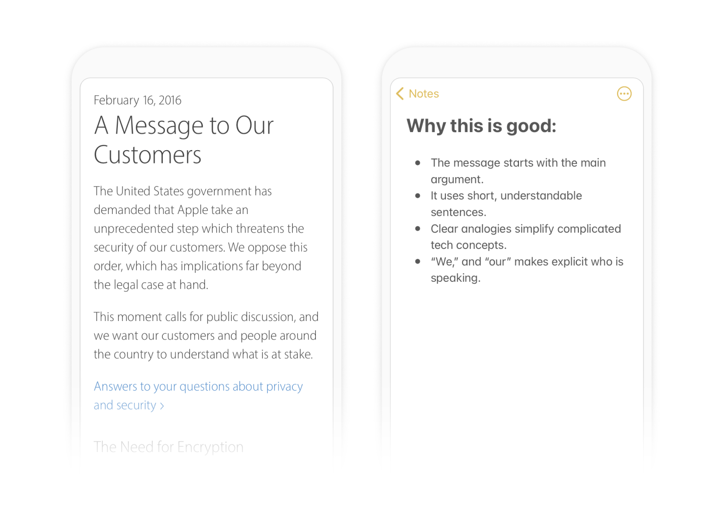 A screenshot from Apple's message on privacy is shown. It is clearly titled: A message to our customers. The annotation reads: Why this is good, with a bulleted list of reason: The message starts with the main argument. It uses short, understandable sentences. Clear analogies simplify complicated tech concepts. "We" and "our" makes explicit who is speaking. End description.