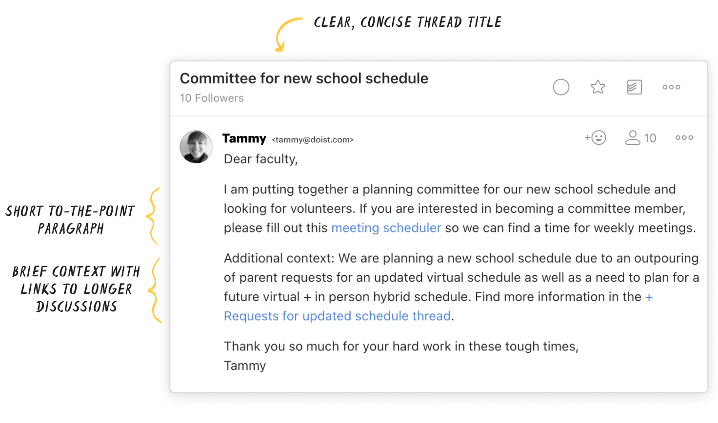 This clearly formatted and concise example message scheduling the same meeting has 3 annotations: Clear, concise thread title. Short to-the-point paragraph. Brief context with links to longer discussions. End description.
