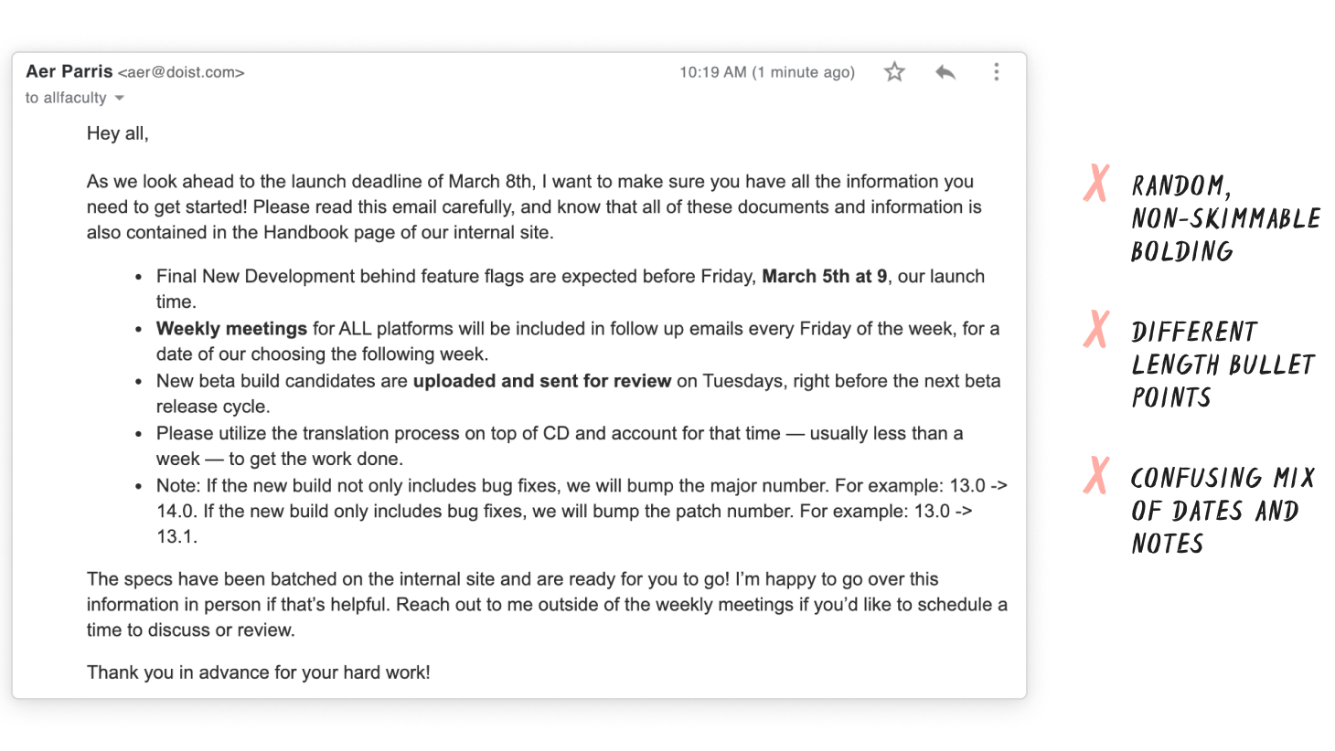 An example poorly written email for a product launch is shown, with 3 annotations: Random, non-skimmable bolding, different length bullet points, and confusing mix of dates and notes. End description. 