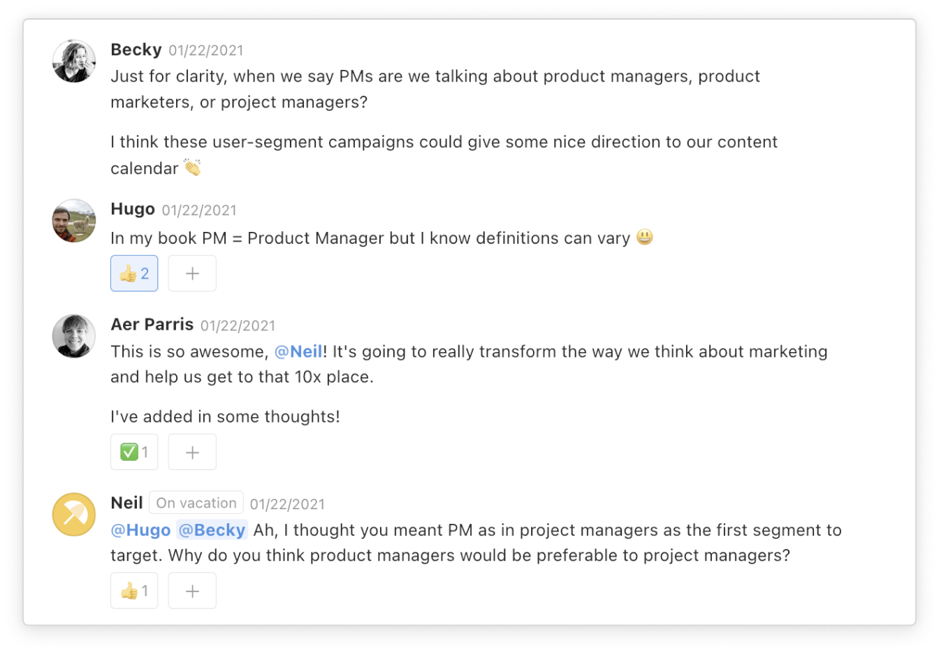 An example of a threaded conversation shows confusion over whether the acronym PM means "product manager" or "project manager." End description.