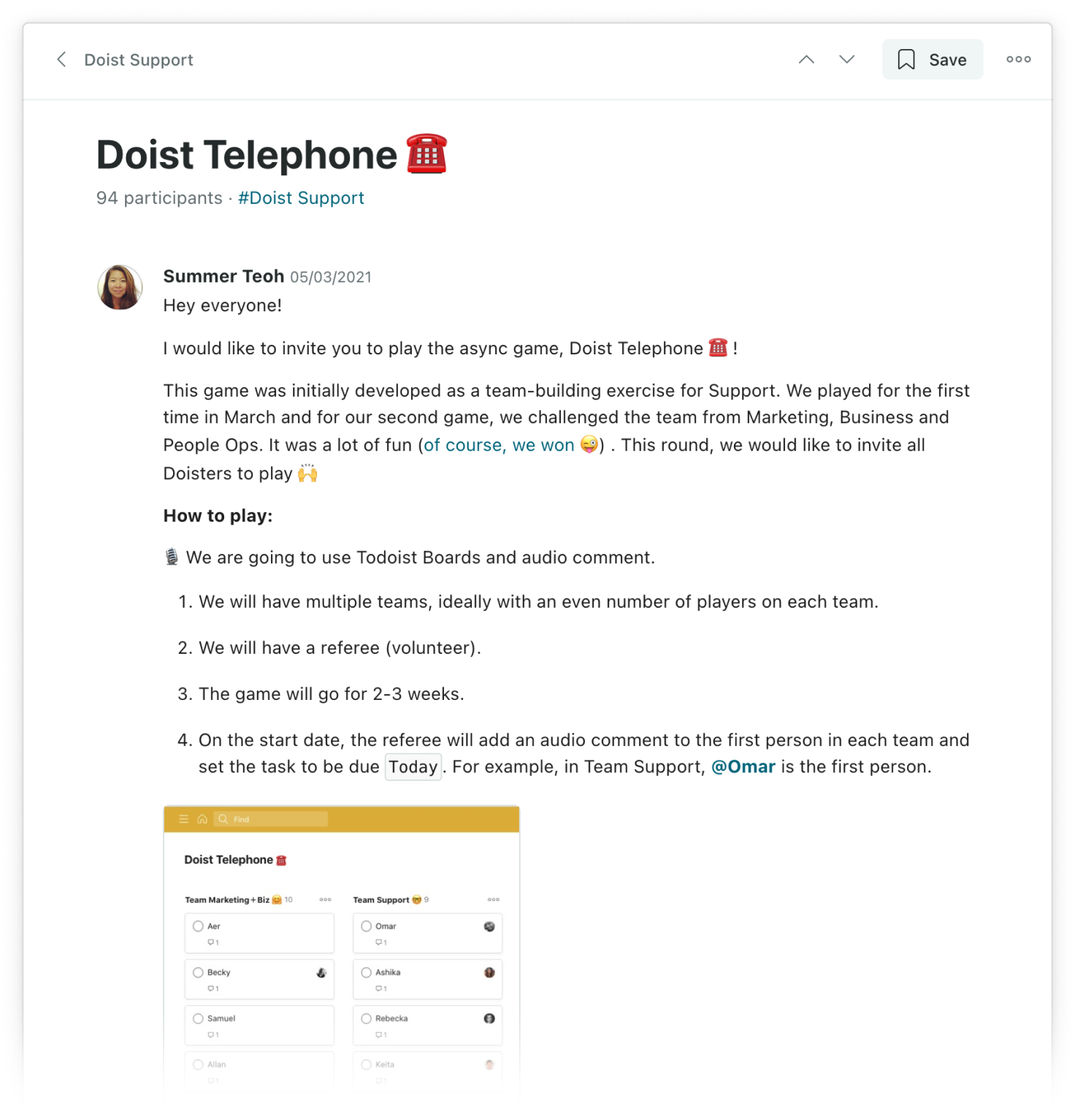 A screenshot is shown of a Twist thread with the title "Doist telephone." Doister Summer invites the team to play and explains the rules in detail in her post. End description.