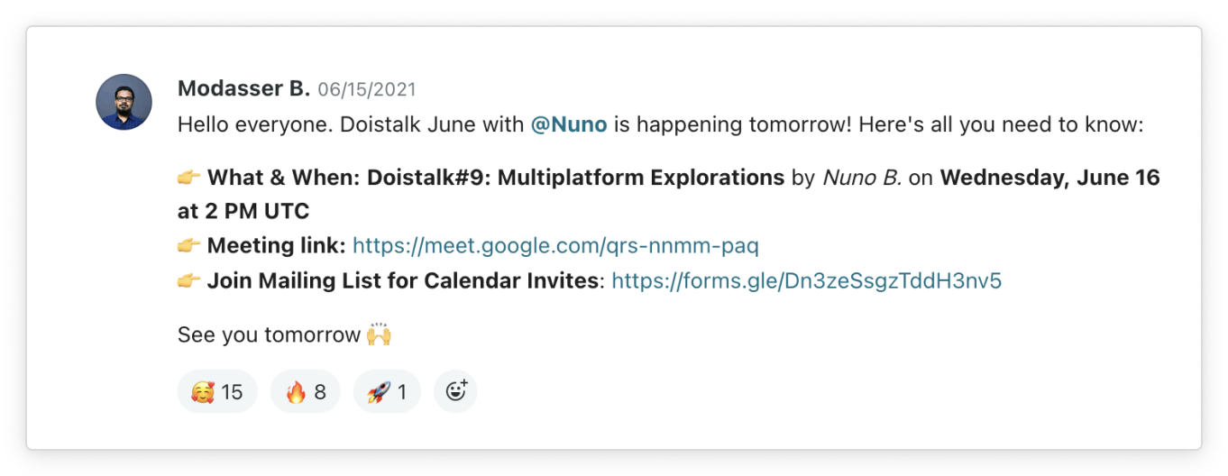 A screenshot shows an announcement for a Doist Talk on Multiplatform Explorations. End description.