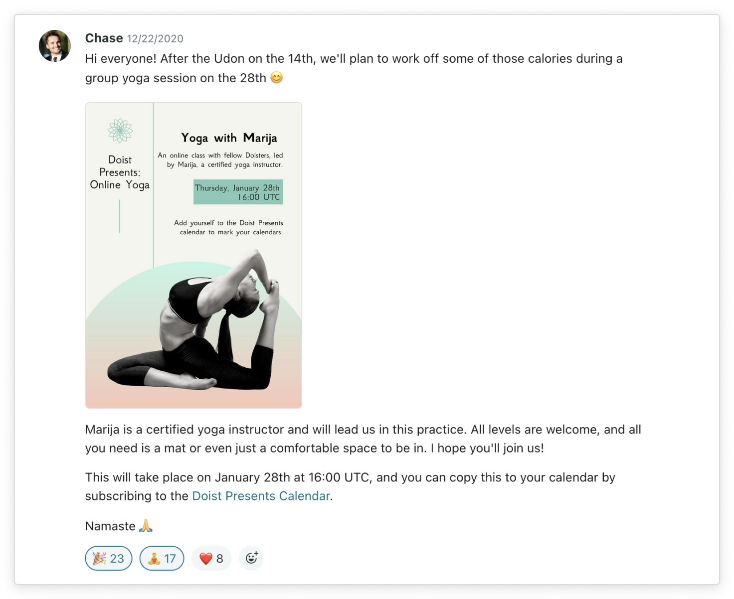 A screenshot shows a Twist message from Chase advertising a Doist Presents event, "Yoga with Marija." End description.