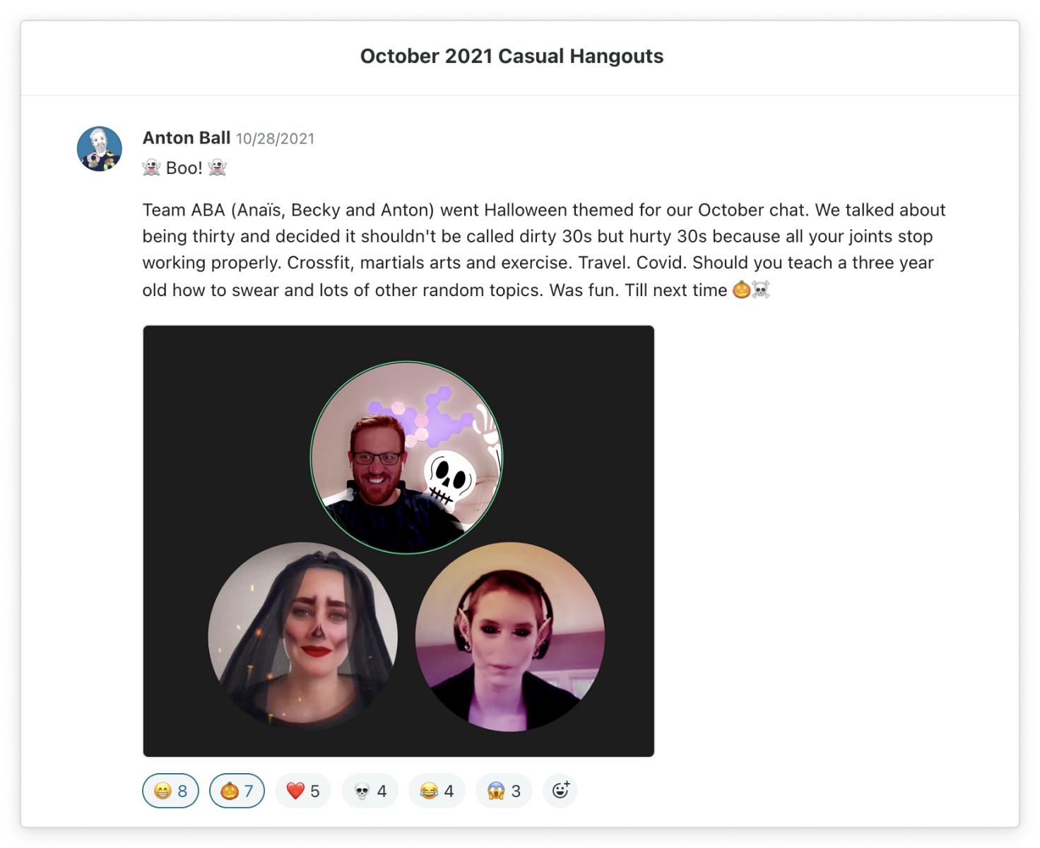 A screenshot from a Twist thread titled October 2021 Casual Hangouts, showing a screenshot of a Halloween-themed chat. End description.