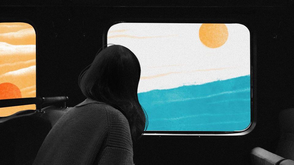 Illustration shows a woman on a train, gazing out. In a window to the left is a sunset, in a center window a sunrise.